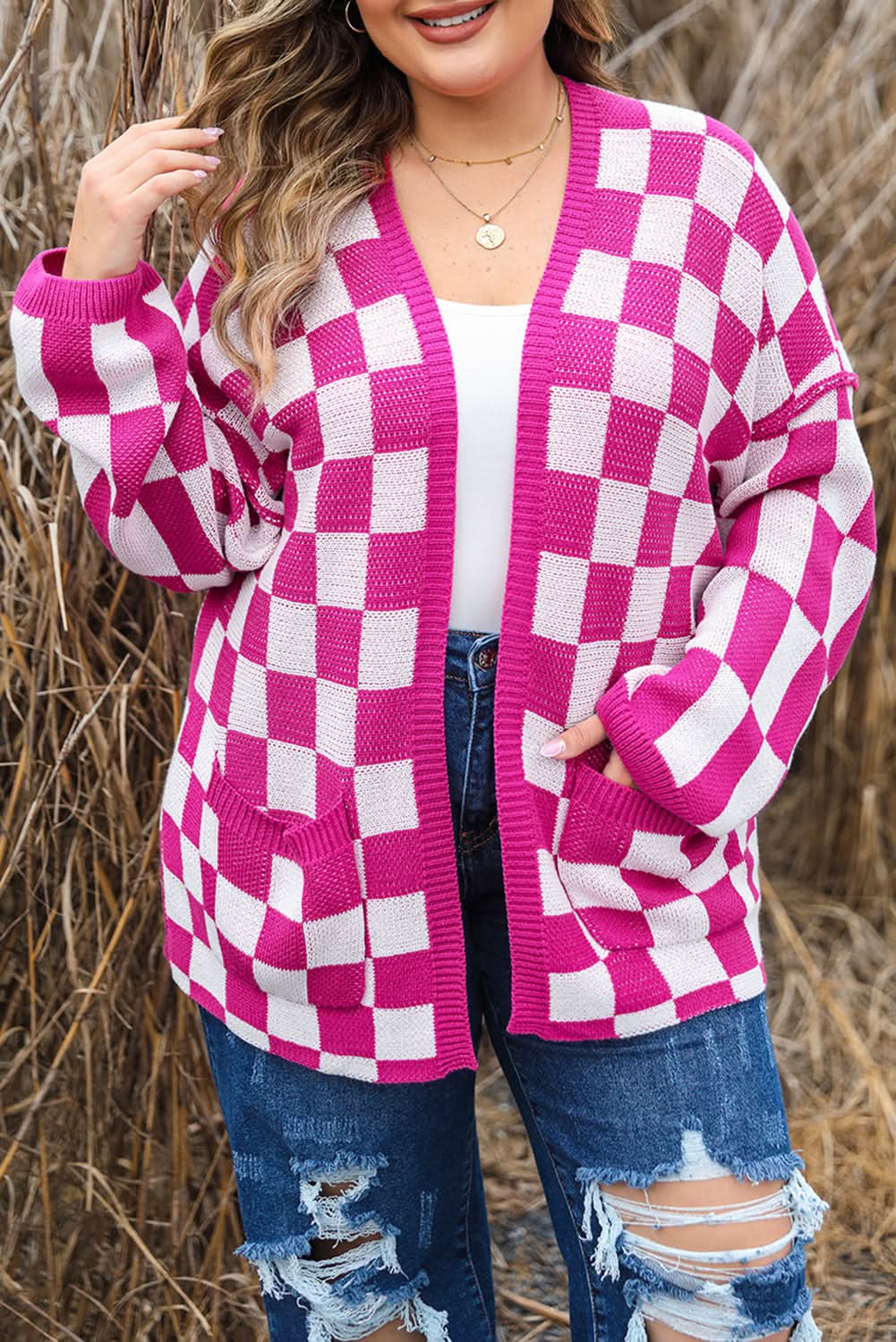 Bonbon plus size checkered cardigan 