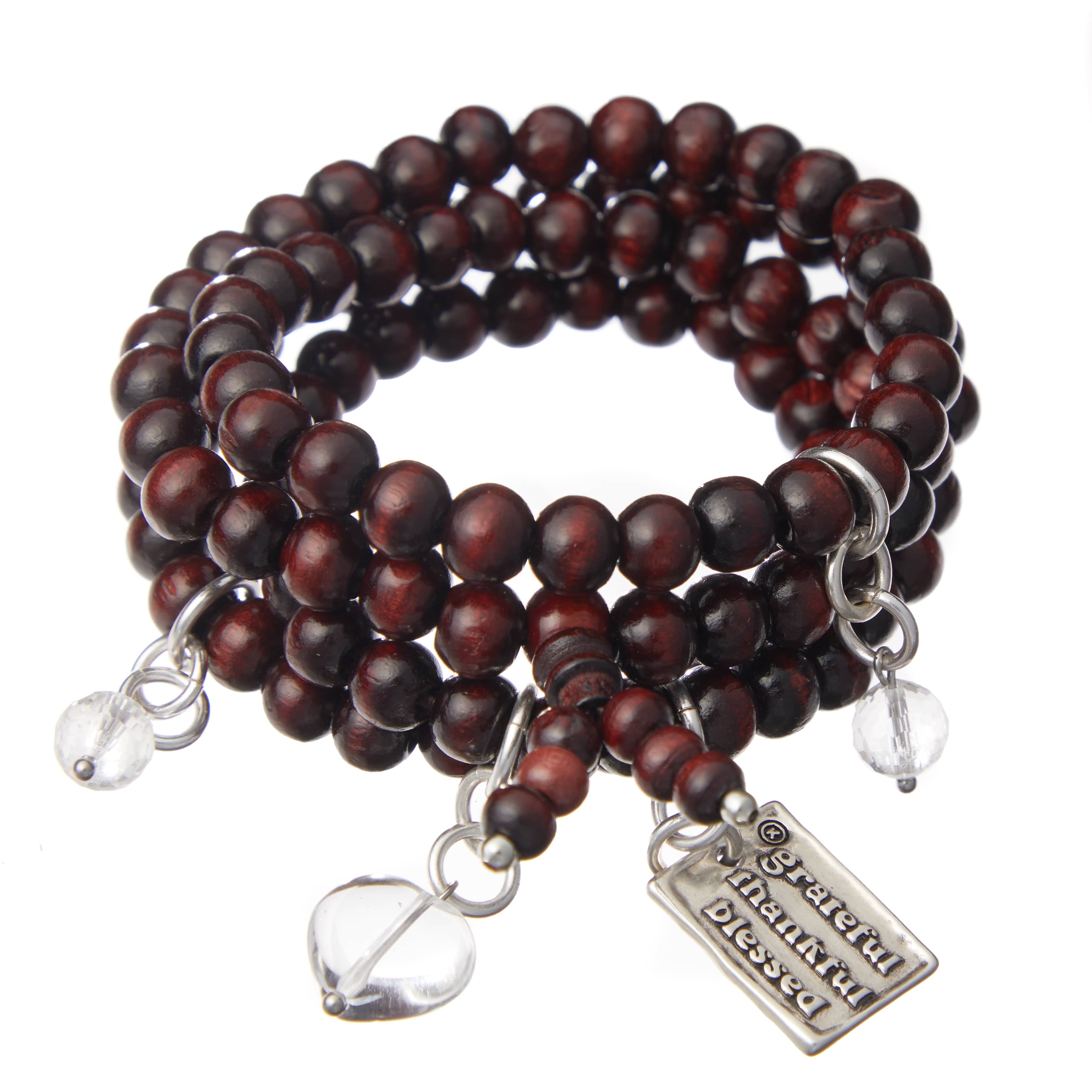 Grateful Thankful Blessed Heart Wood Boho Wrap Bracelet/Necklace Katia Designs