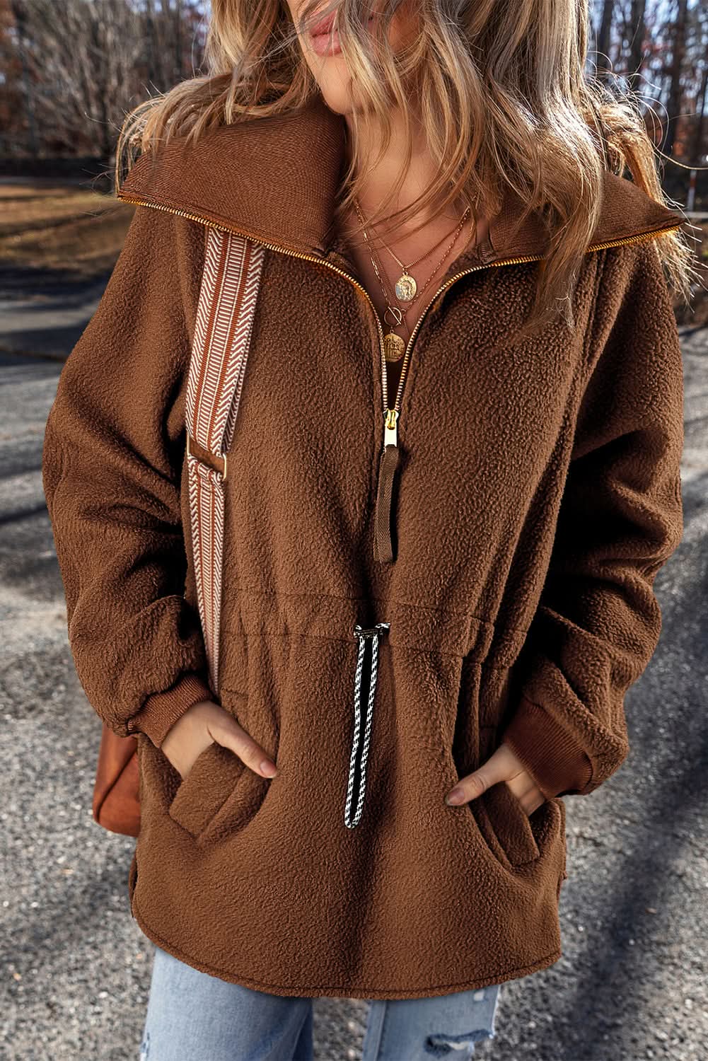 Brown Half Zip Fleece Pullover Sweatshirt - Love Salve 