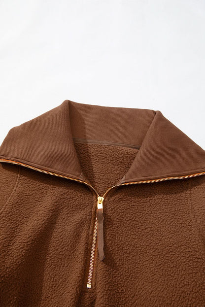 Brown Half Zip Fleece Pullover Sweatshirt - Love Salve 