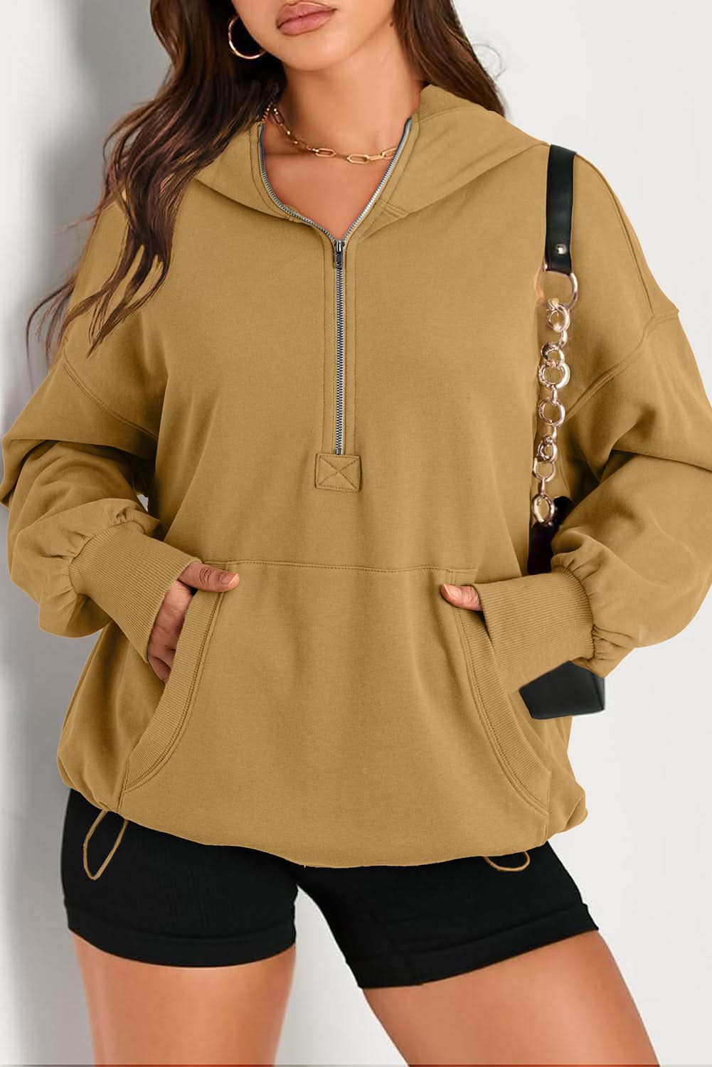 Brown Solid Kangaroo Pocket Half Zipper Oversized Hoodie 