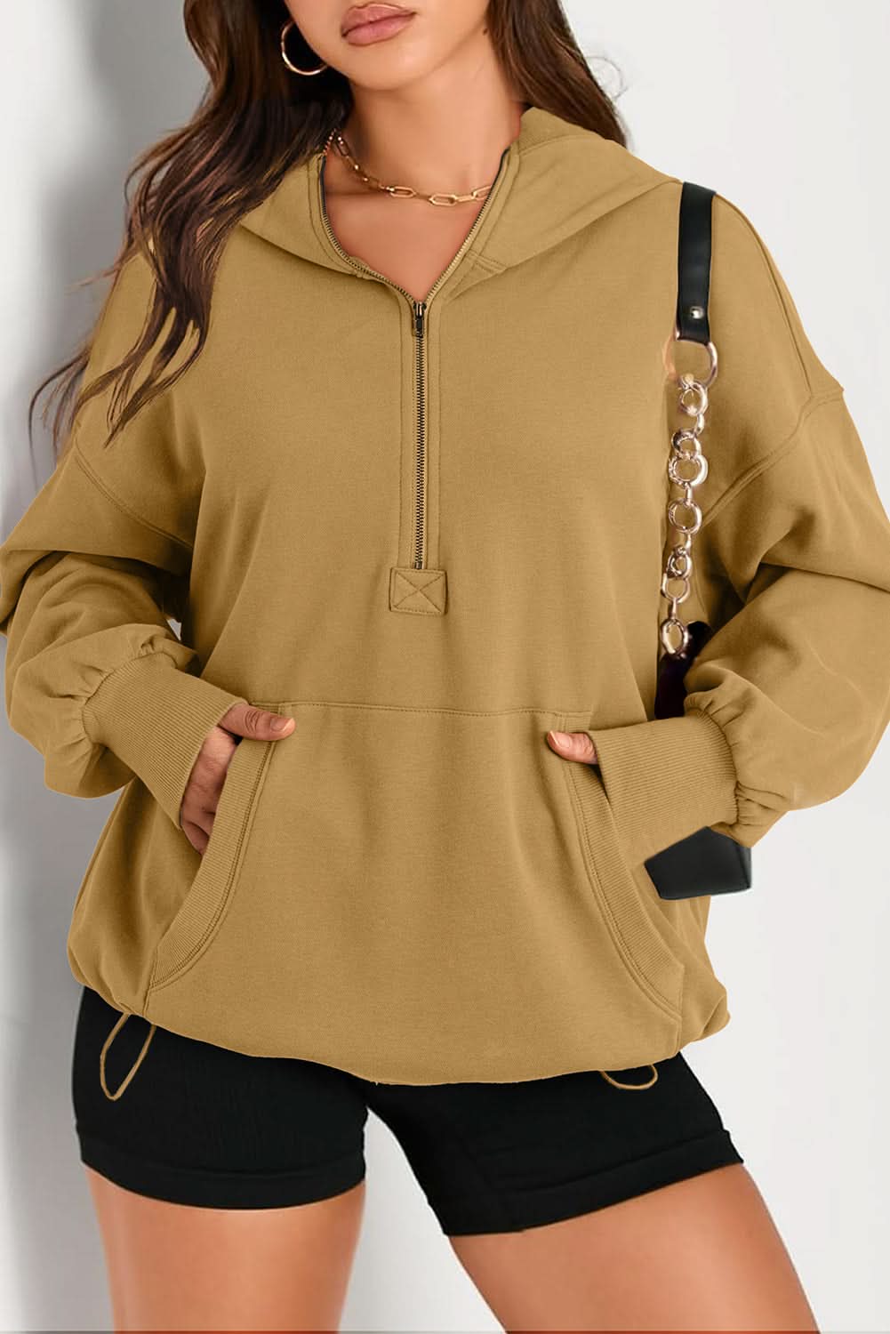 Brown Solid Kangaroo Pocket Half Zipper Oversized Hoodie 