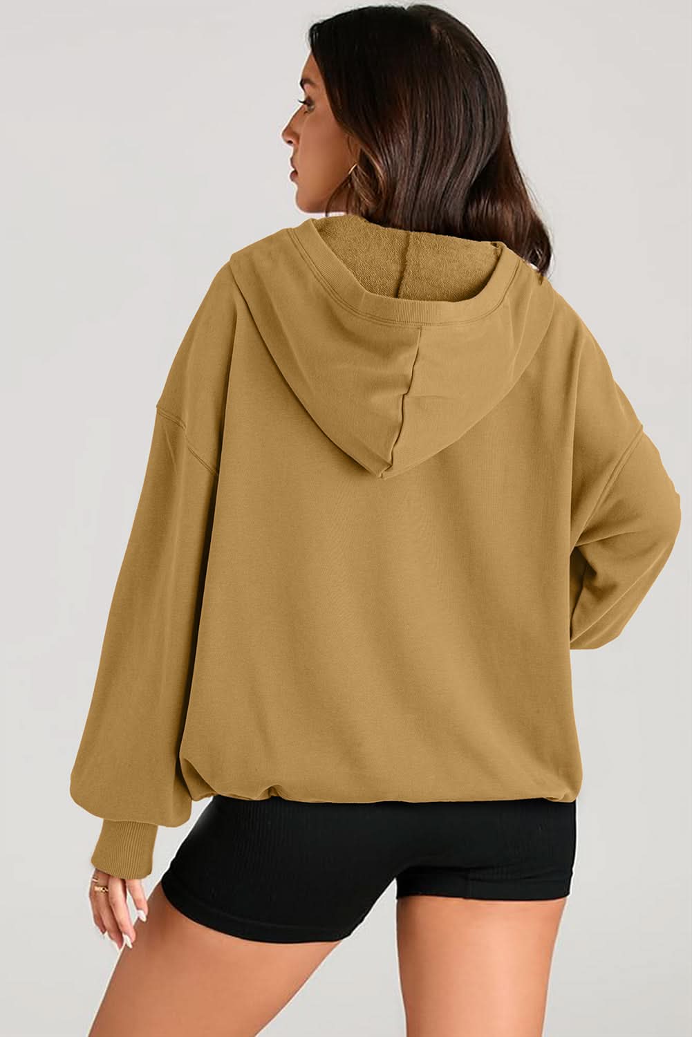 Brown Solid Kangaroo Pocket Half Zipper Oversized Hoodie 