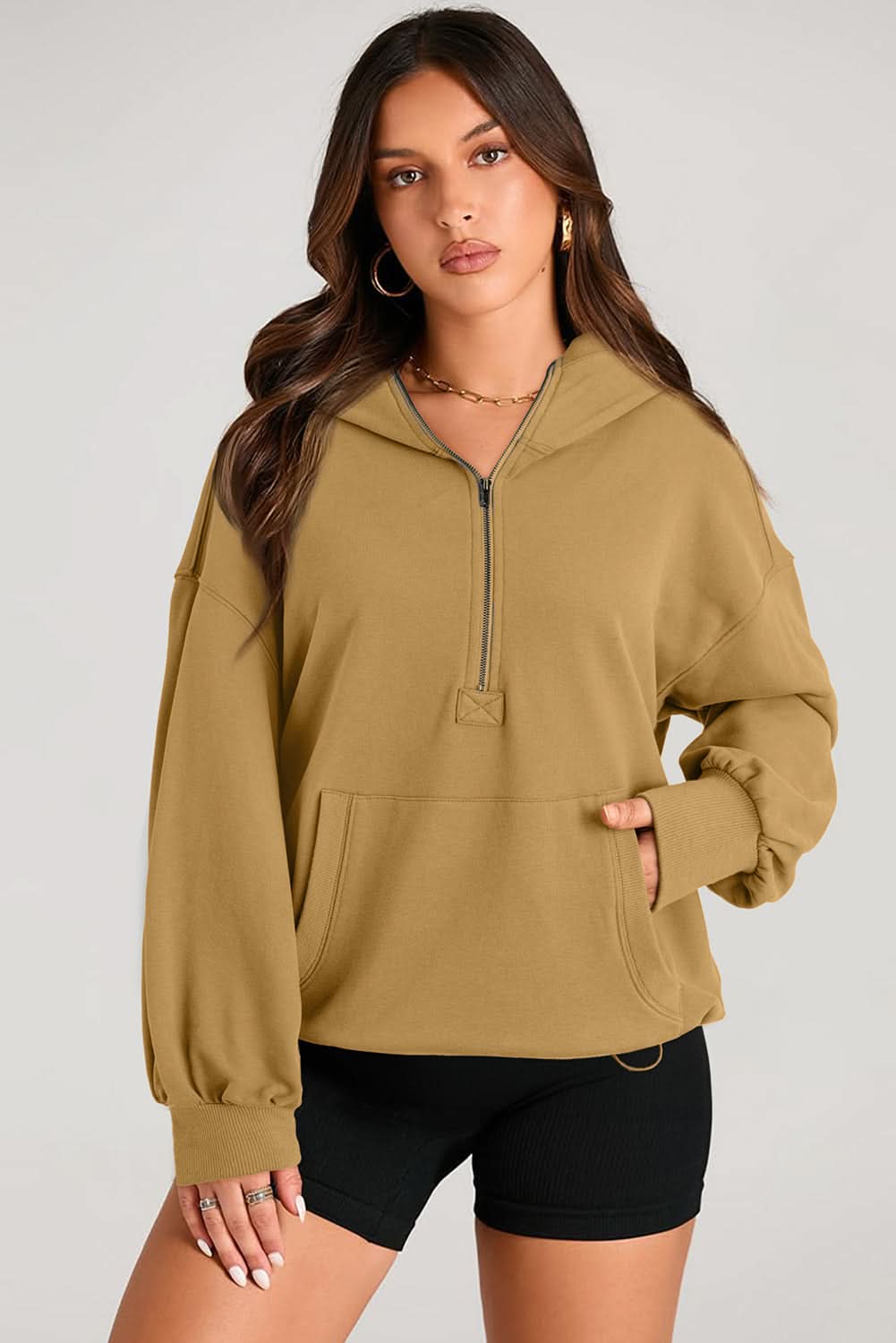 Brown Solid Kangaroo Pocket Half Zipper Oversized Hoodie 