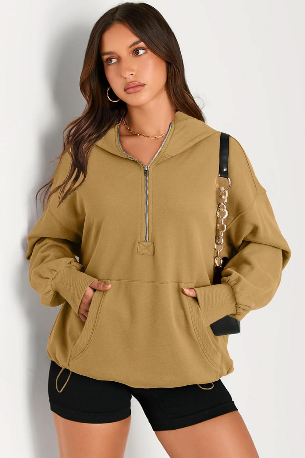 Brown Solid Kangaroo Pocket Half Zipper Oversized Hoodie 