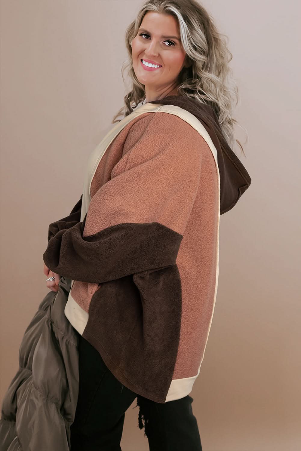 Brown colorblock plus size hoodie - Love Salve 