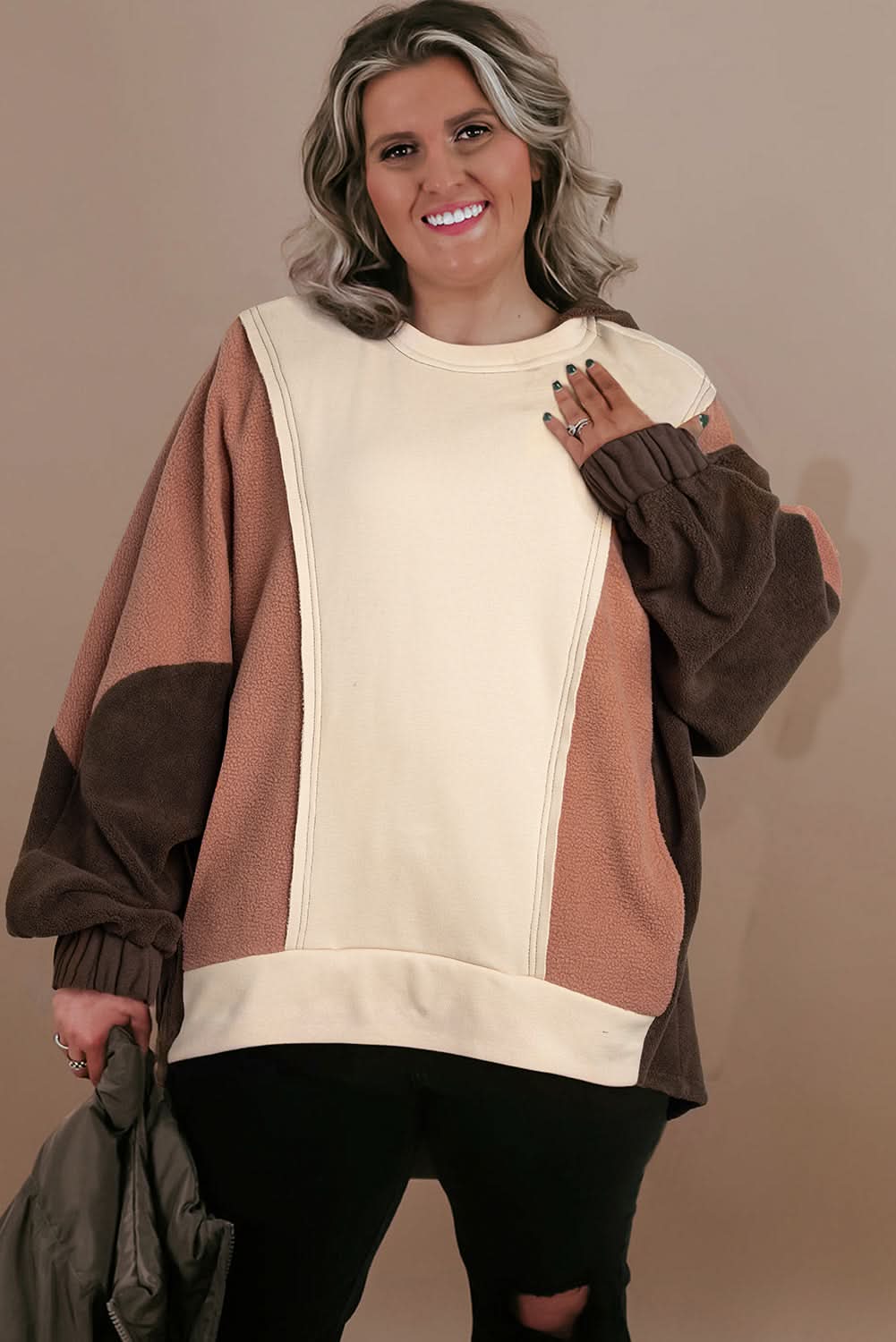 Brown colorblock plus size hoodie - Love Salve 