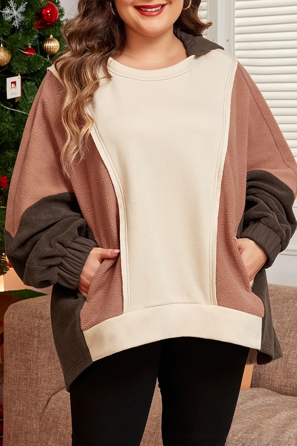 Brown colorblock plus size hoodie - Love Salve 