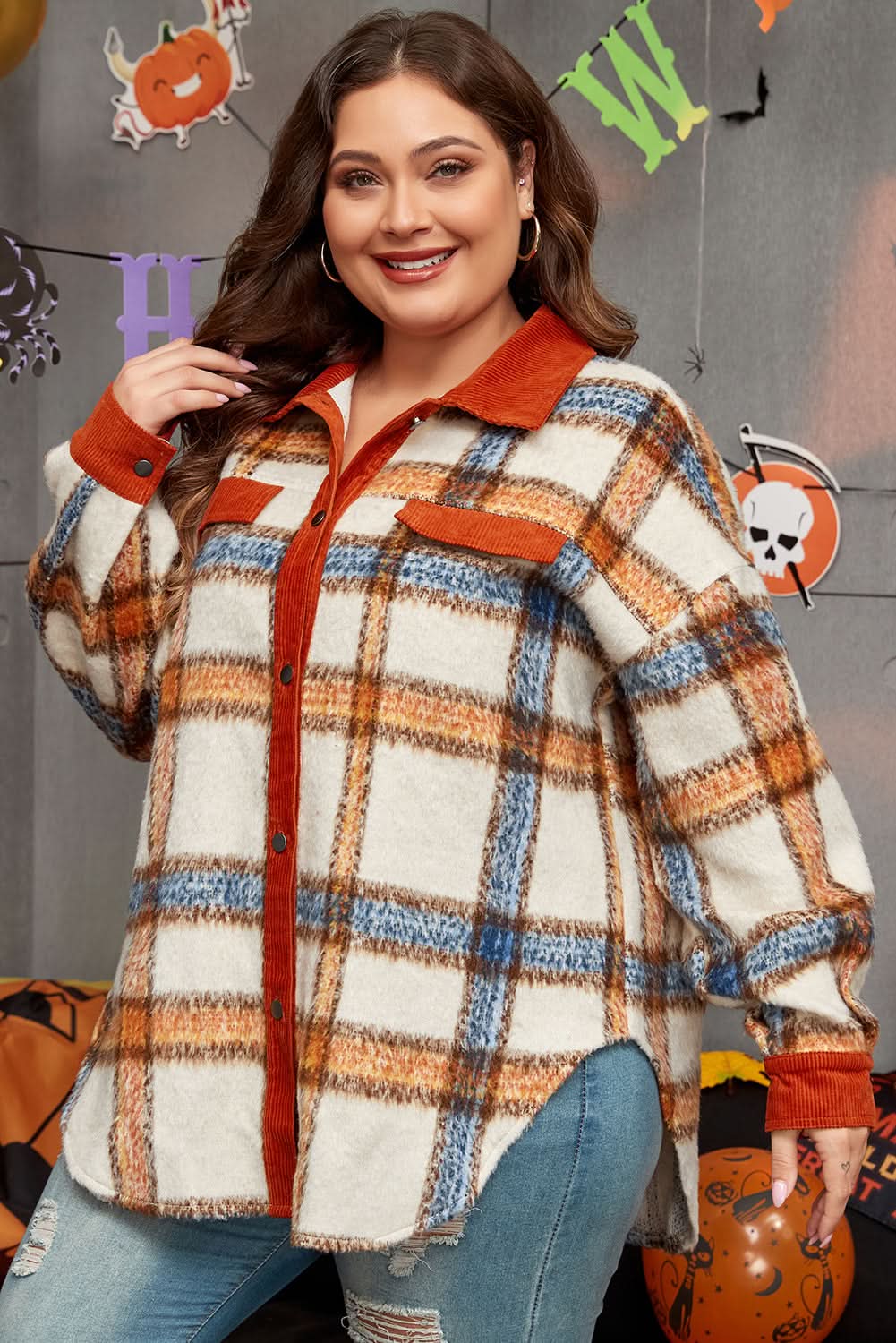 Brown stripe plus size plaid jacket - Love Salve 