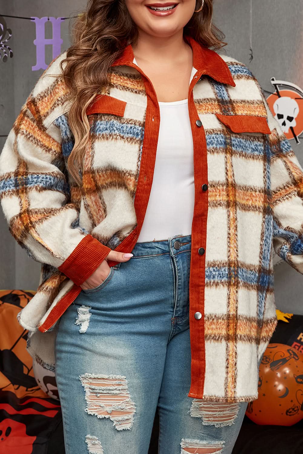 Brown stripe plus size plaid jacket - Love Salve 