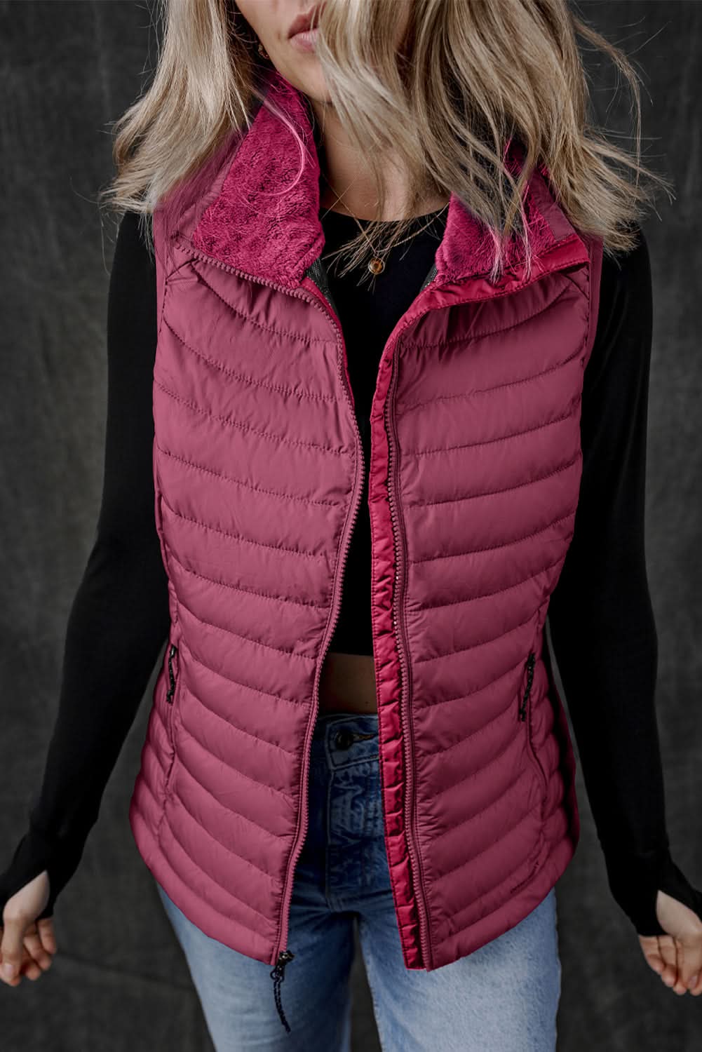 Burgundy Plush Collared Quilted Zipped Puffer Vest 