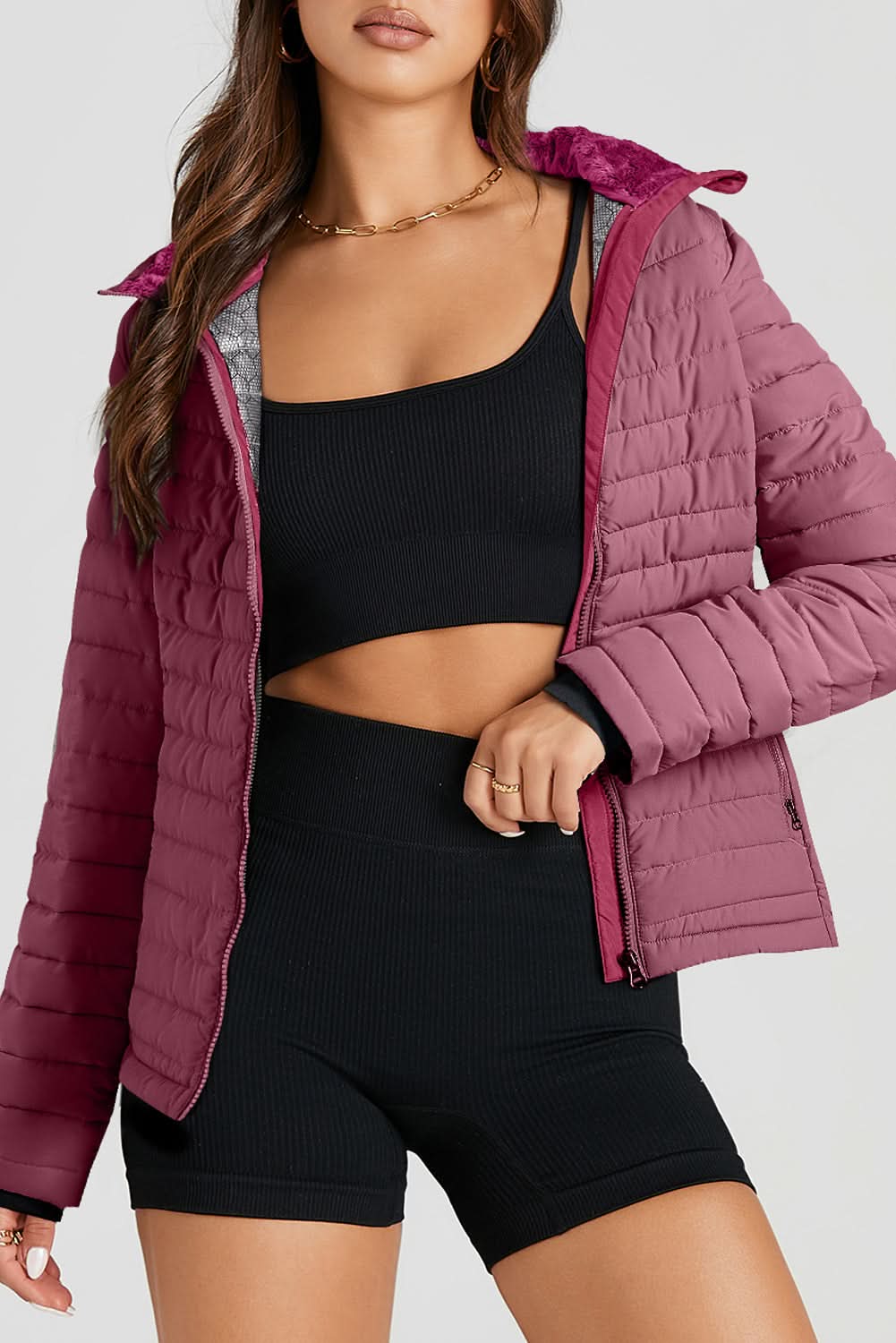 Burgundy Solid Color Quilted Zip-up Puffer Jacket - Love Salve 