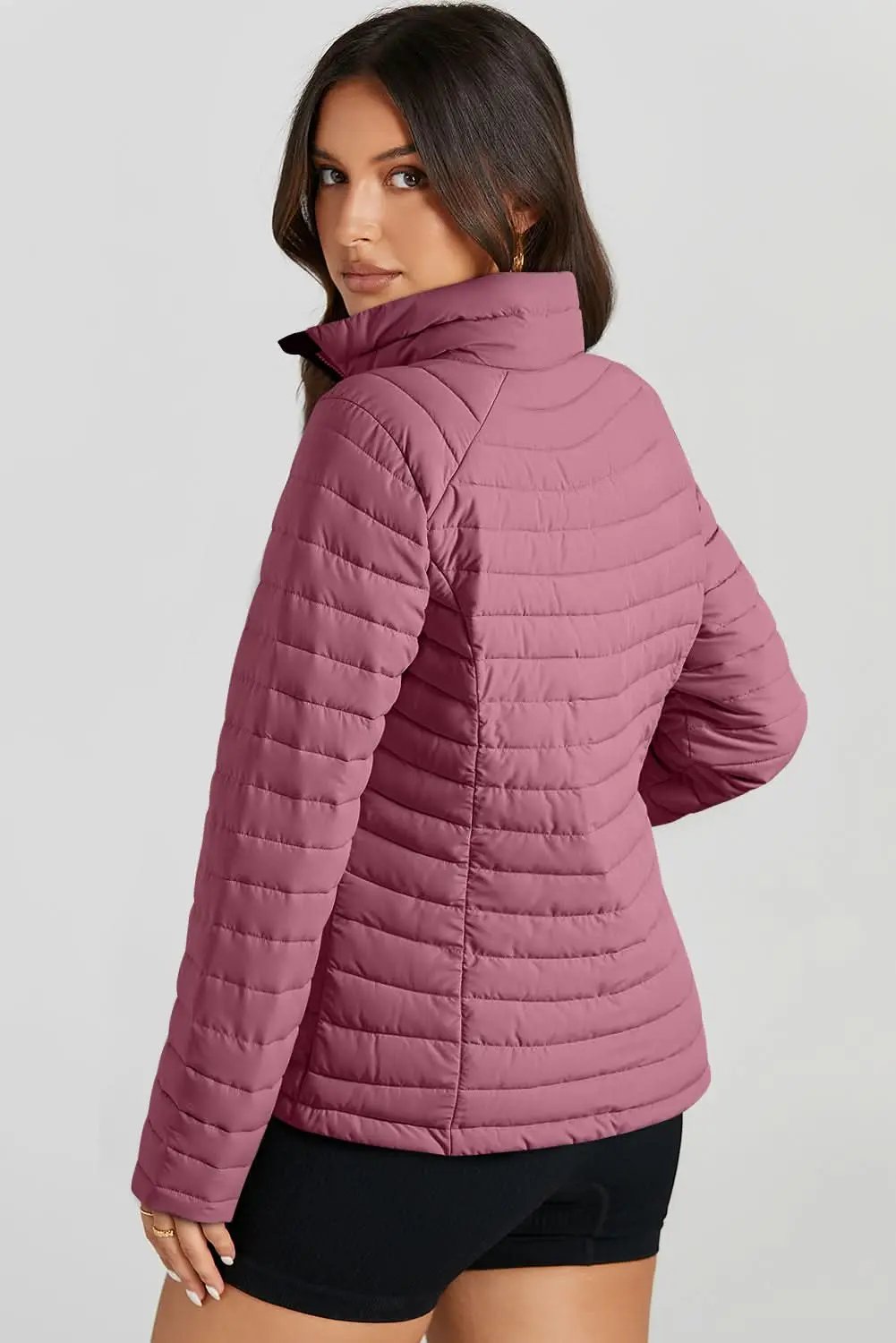 Burgundy Solid Color Quilted Zip-up Puffer Jacket - Love Salve 
