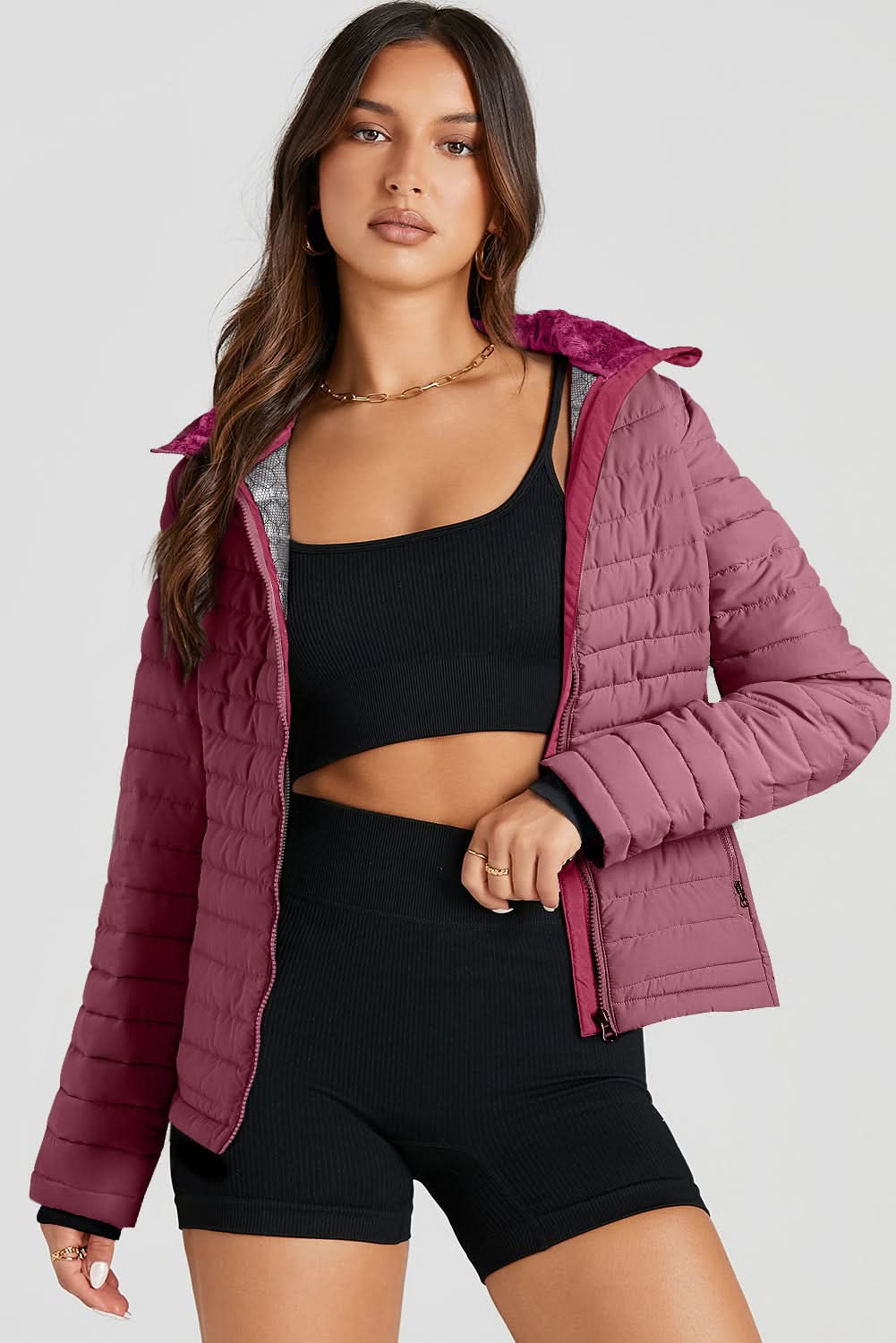 Burgundy Solid Color Quilted Zip-up Puffer Jacket - Love Salve 