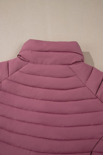 Burgundy Solid Color Quilted Zip-up Puffer Jacket - Love Salve 