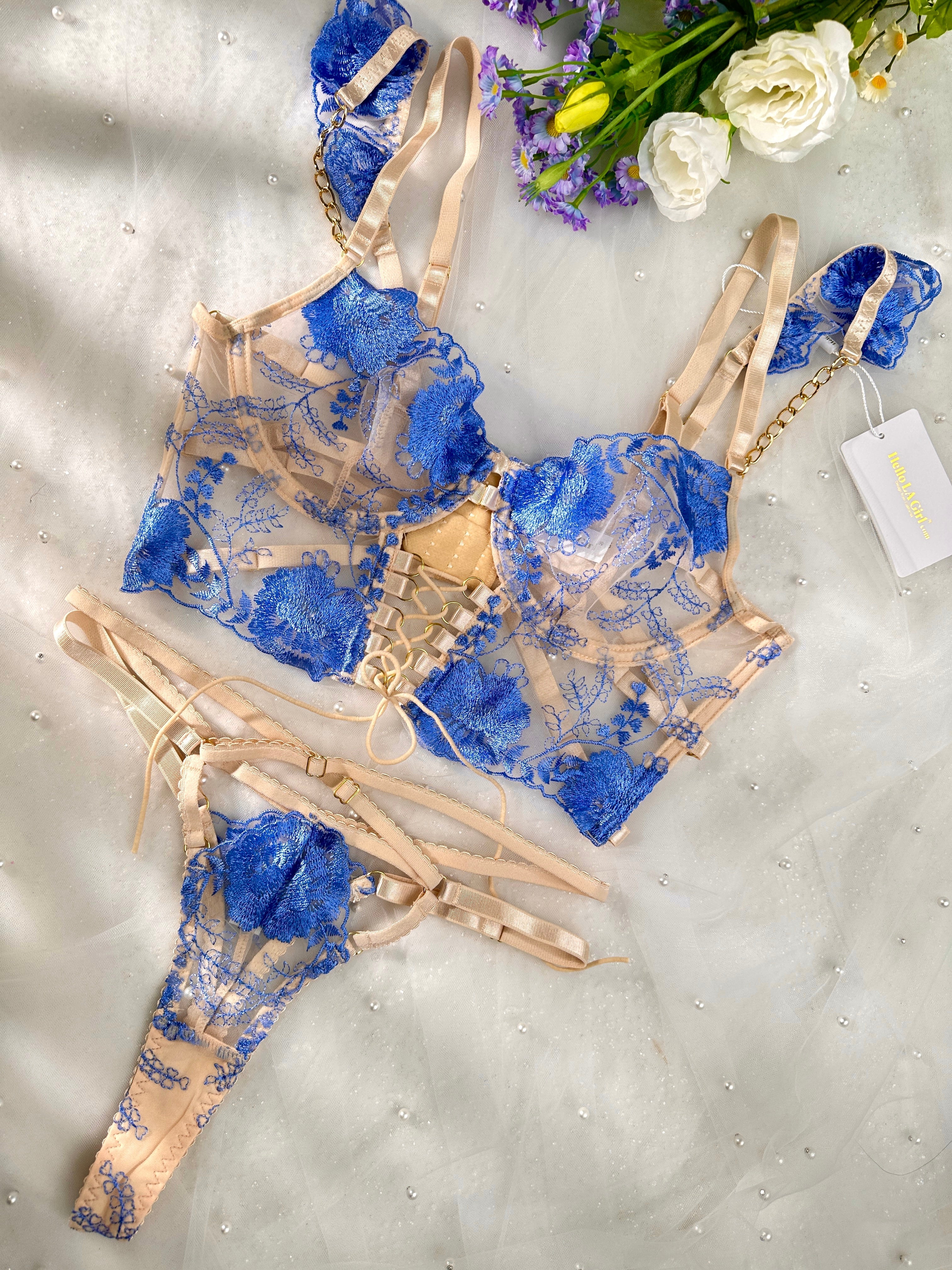 Enchanted Blue Blossom Lace Lingerie Set With Floral Detail Hello.LA.Girl