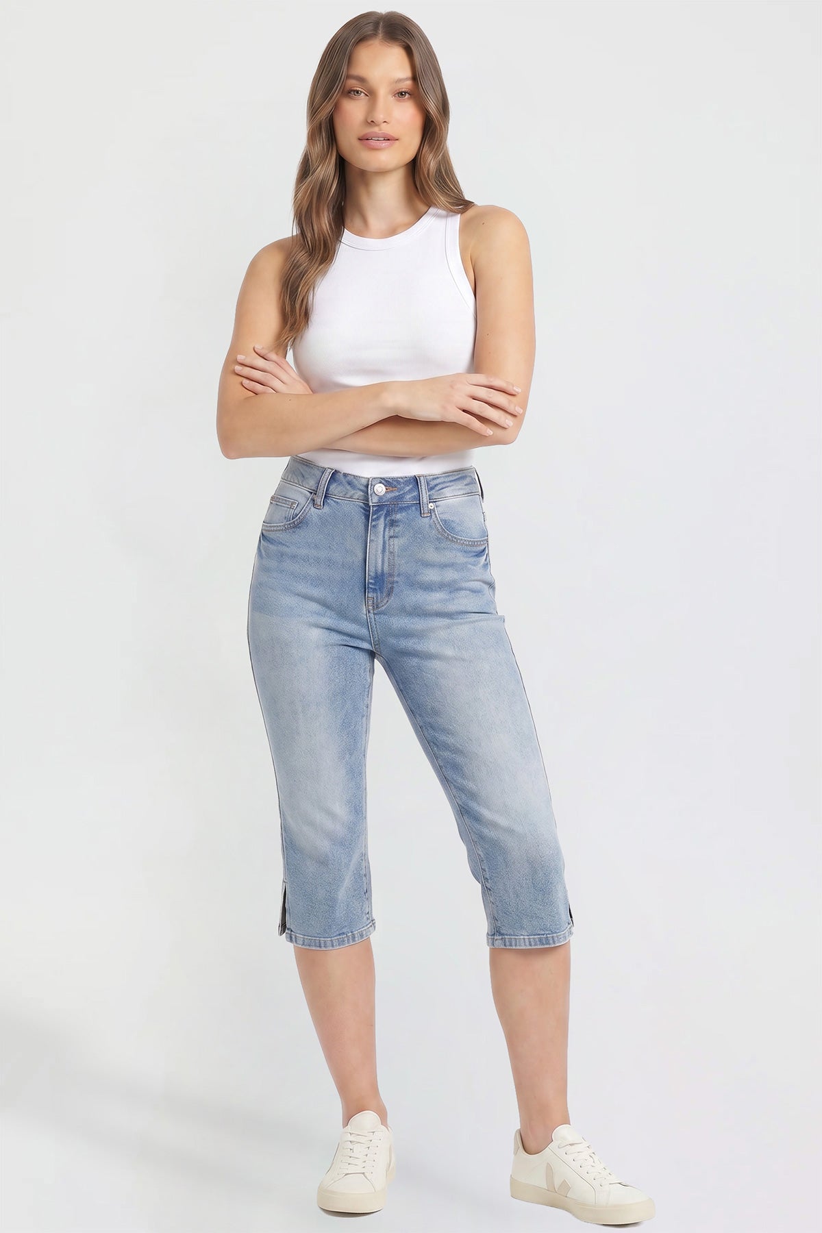 Back view of the YMI JEANS Luxe High Rise Capri, highlighting the flattering fit and pocket details.