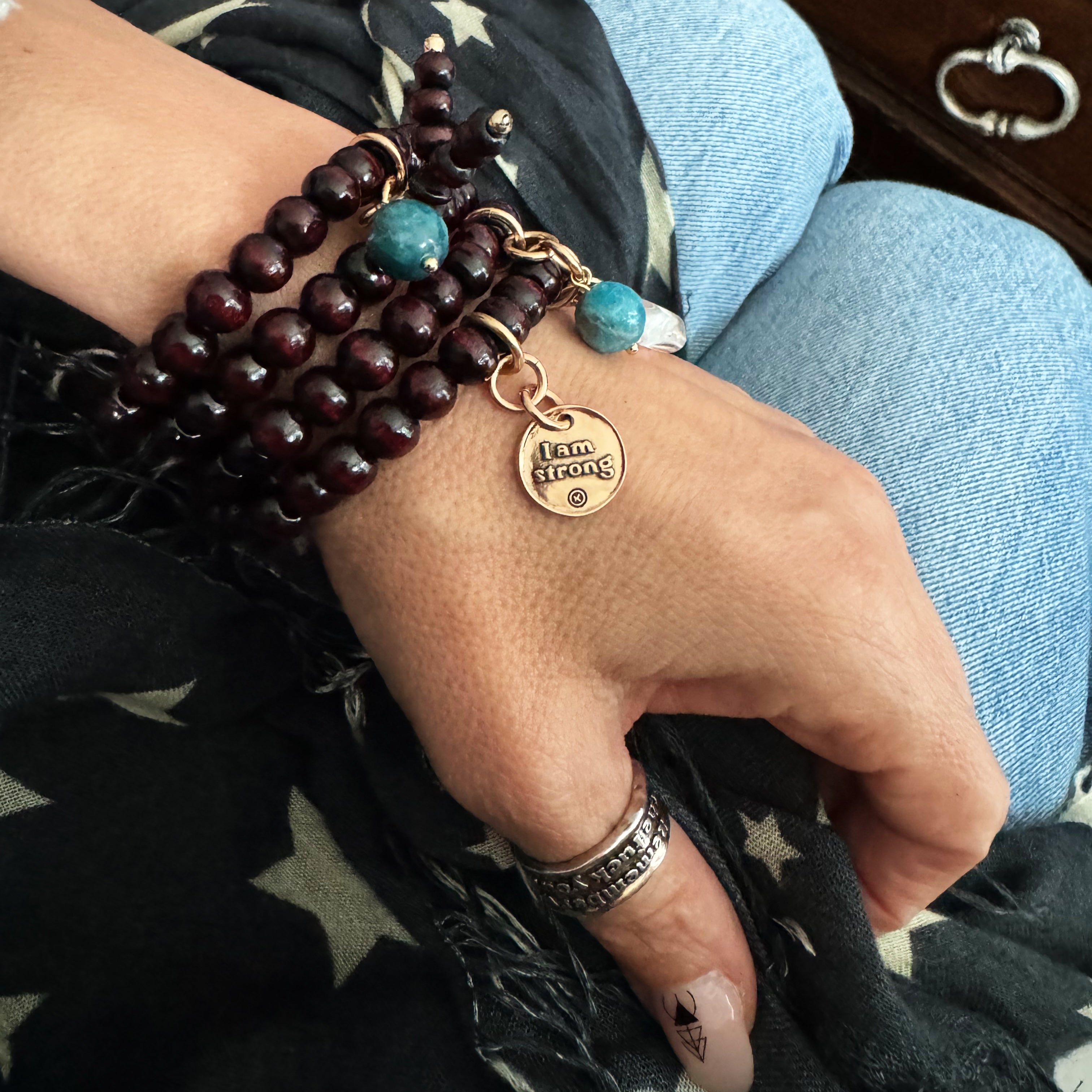 I Am Strong Heart Wood Boho Wrap Bracelet/Necklace Katia Designs