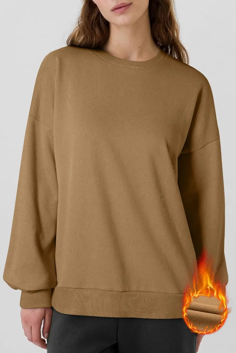 Camel Solid Fleece Lined Drop Shoulder High Low Sweatshirt - Love Salve 