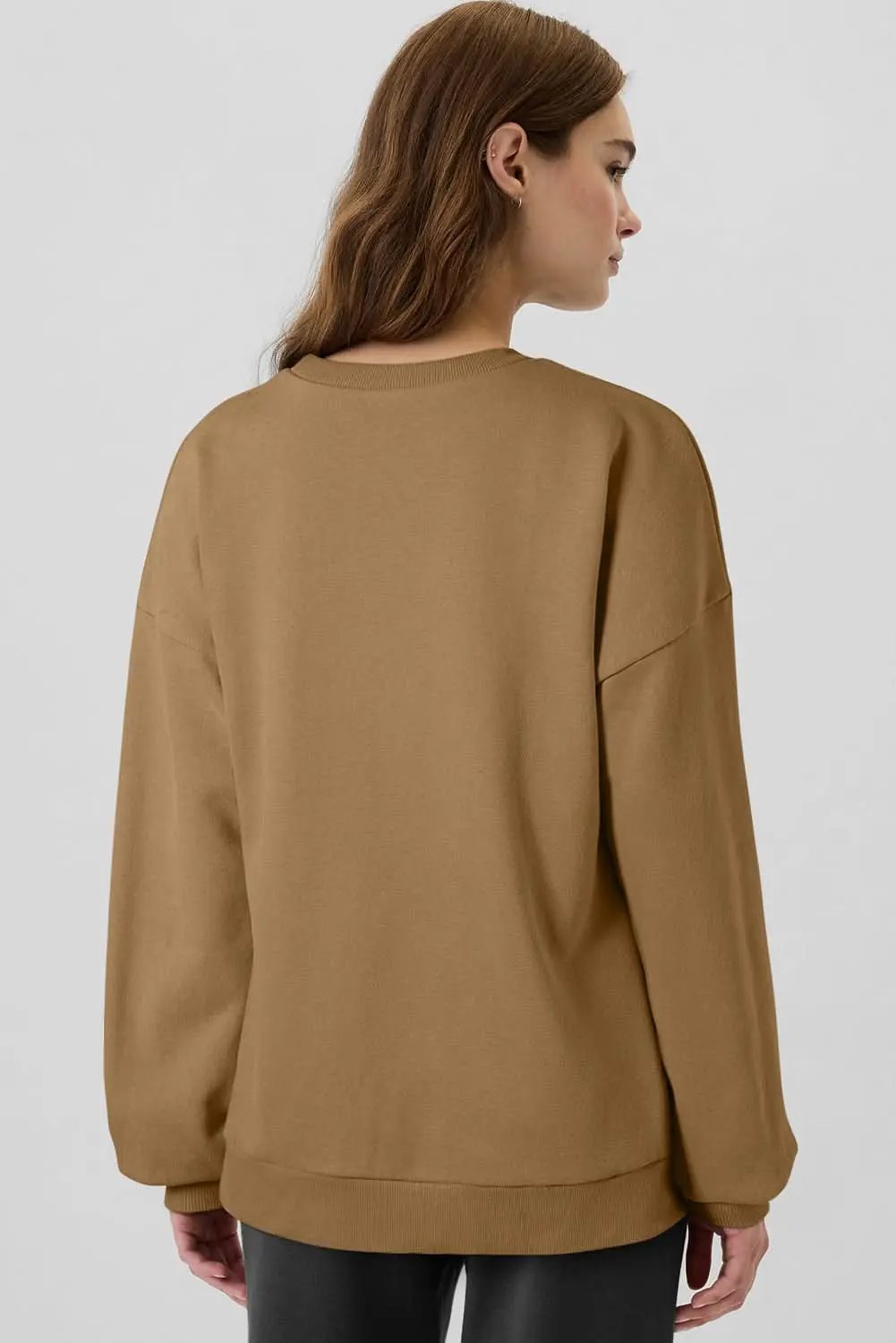 Camel Solid Fleece Lined Drop Shoulder High Low Sweatshirt - Love Salve 