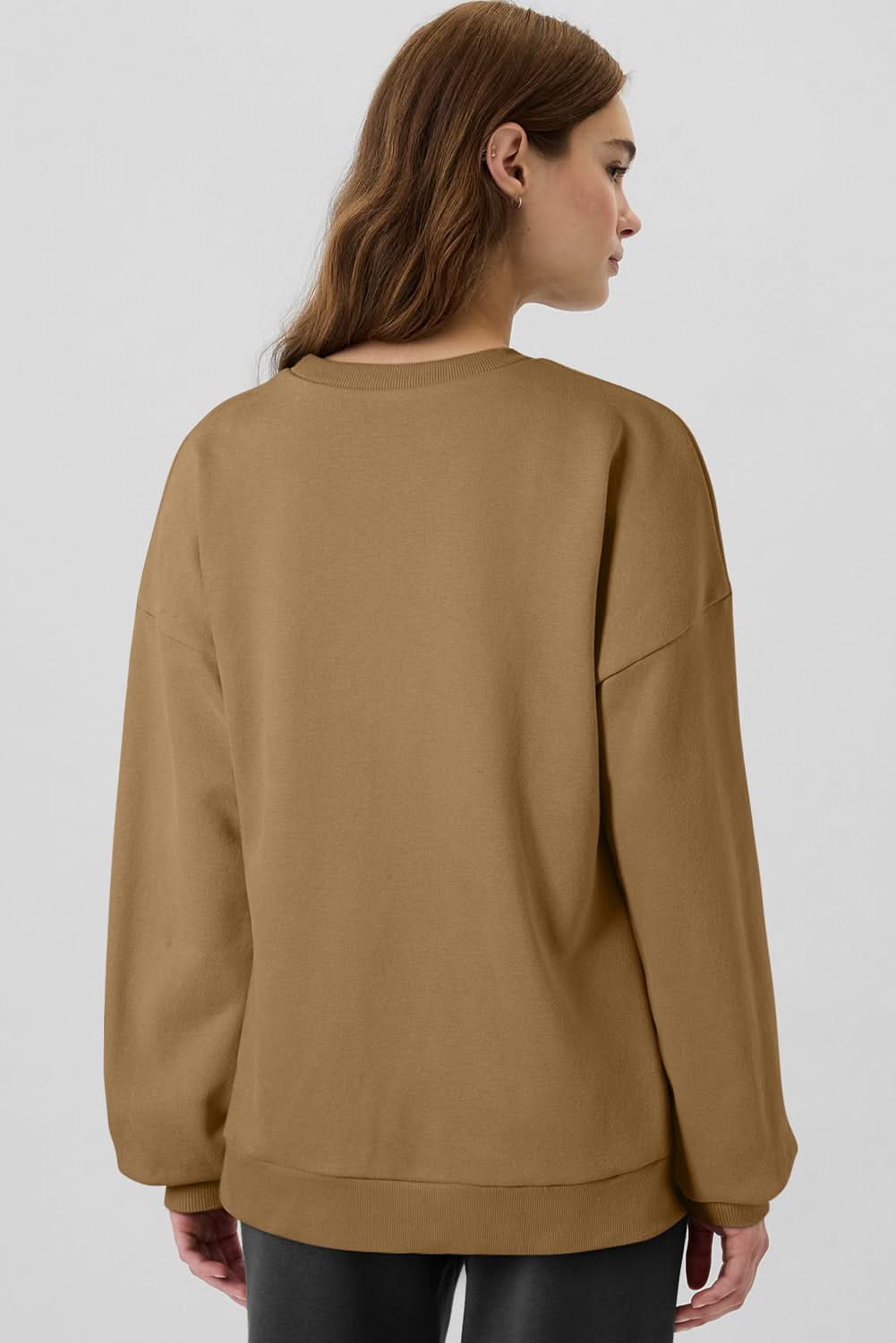 Camel Solid Fleece Lined Drop Shoulder High Low Sweatshirt 