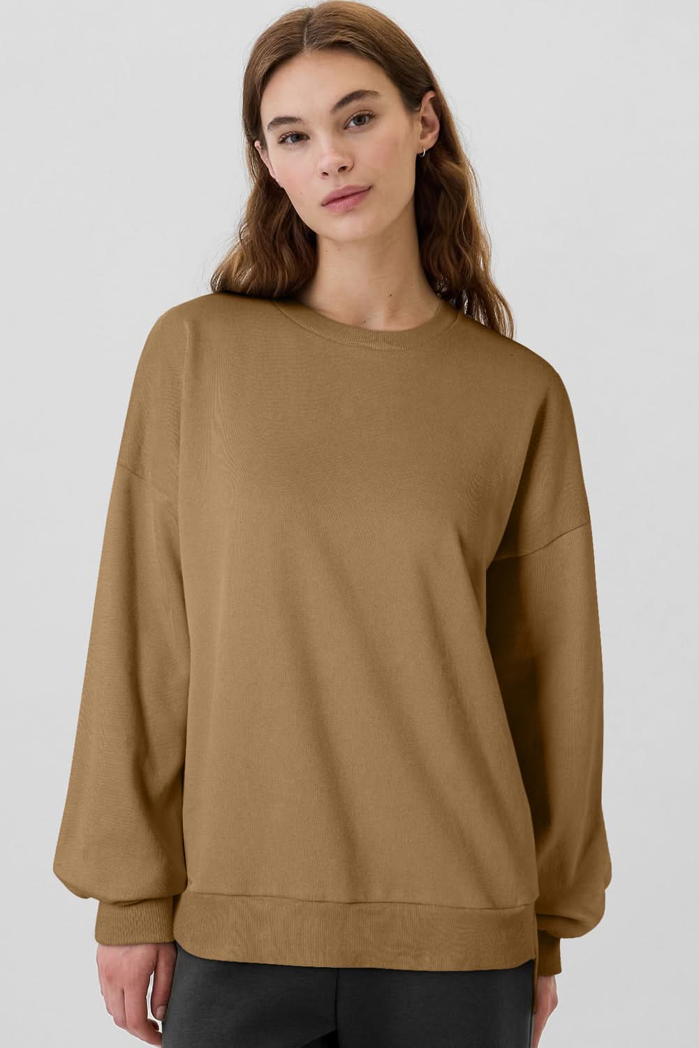 Camel Solid Fleece Lined Drop Shoulder High Low Sweatshirt 