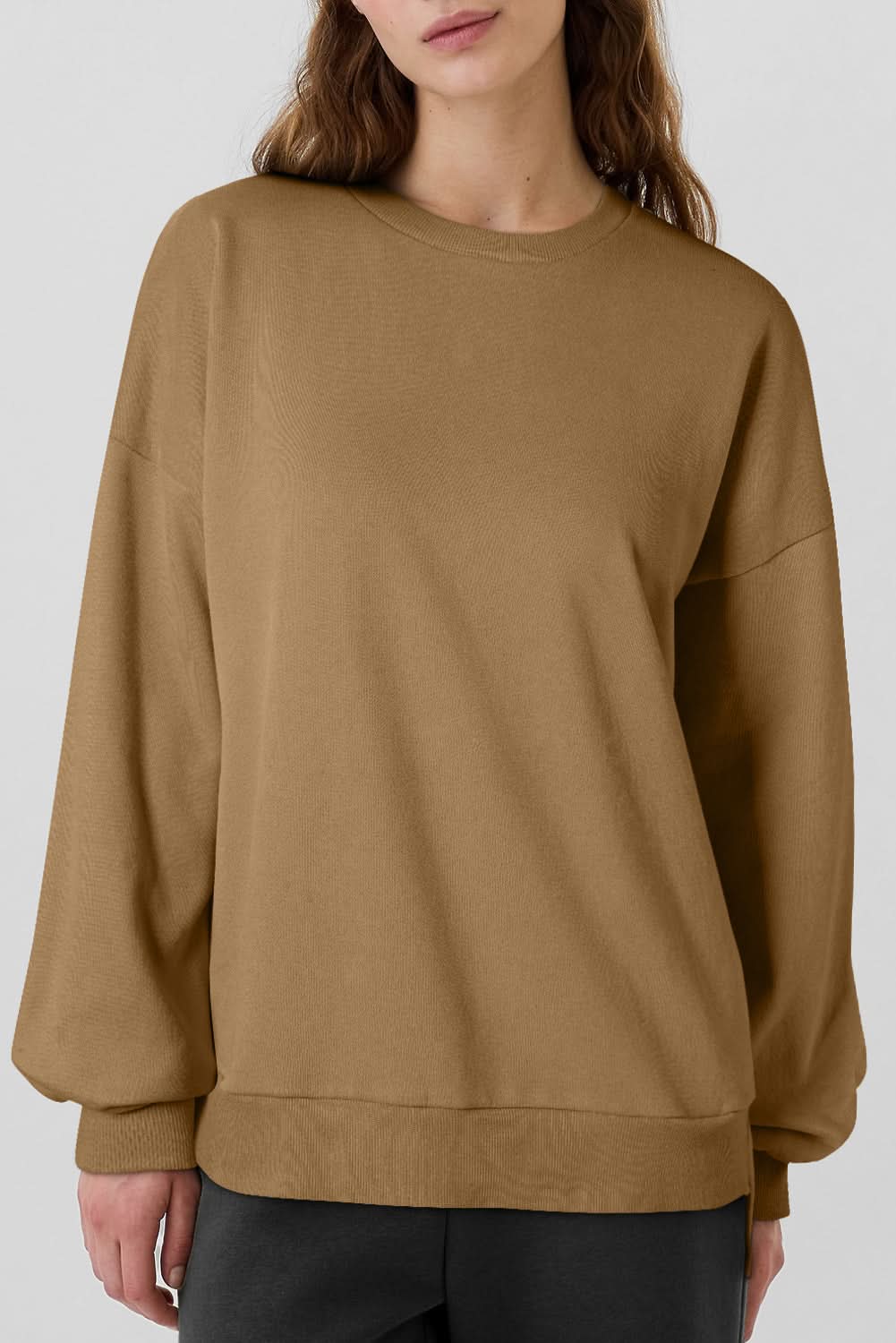 Camel Solid Fleece Lined Drop Shoulder High Low Sweatshirt 