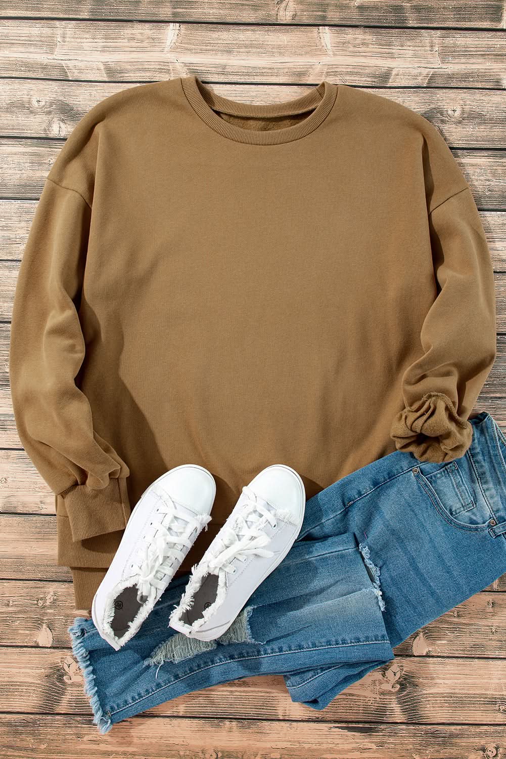 Camel Solid Fleece Lined Drop Shoulder High Low Sweatshirt 