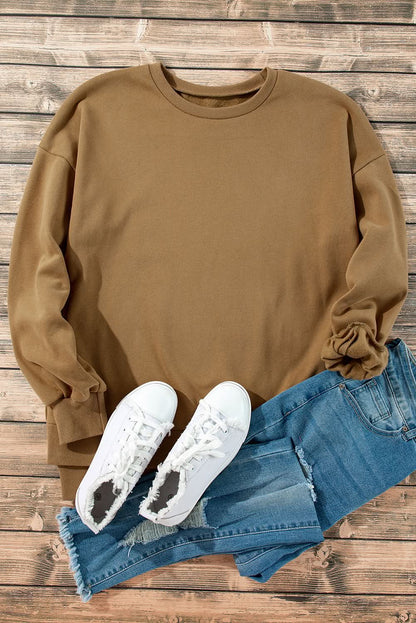 Camel Solid Fleece Lined Drop Shoulder High Low Sweatshirt 