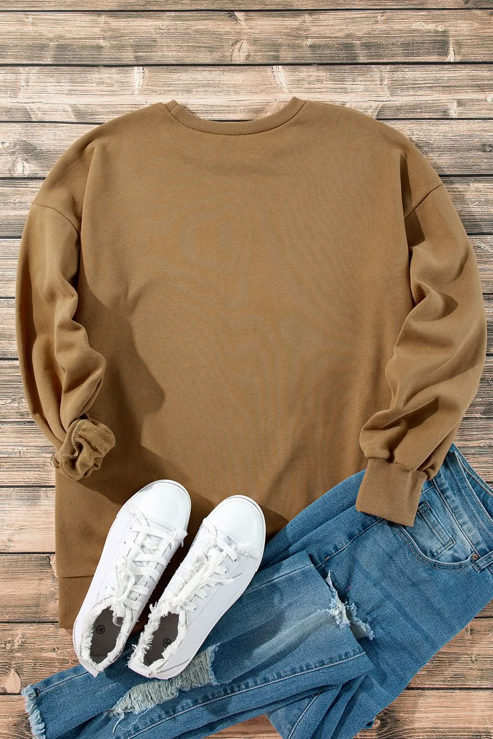 Camel Solid Fleece Lined Drop Shoulder High Low Sweatshirt 