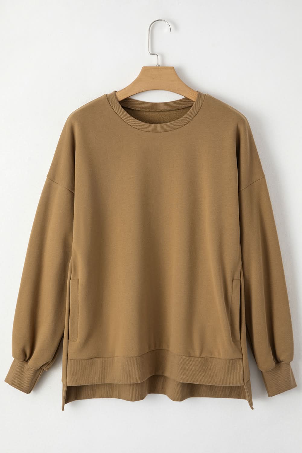 Camel Solid Fleece Lined Drop Shoulder High Low Sweatshirt 