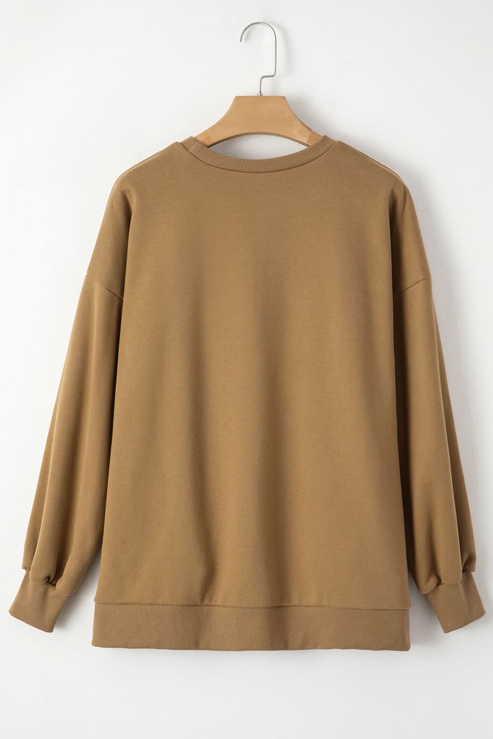 Camel Solid Fleece Lined Drop Shoulder High Low Sweatshirt 