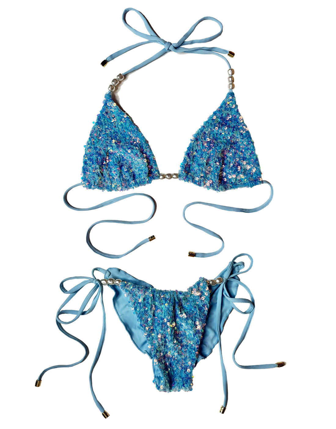 Capri Triangle Top Blue With Pastel Sequins And Pearl Embellished Adjustable Straps Bikini Beach Bunny Swimwear