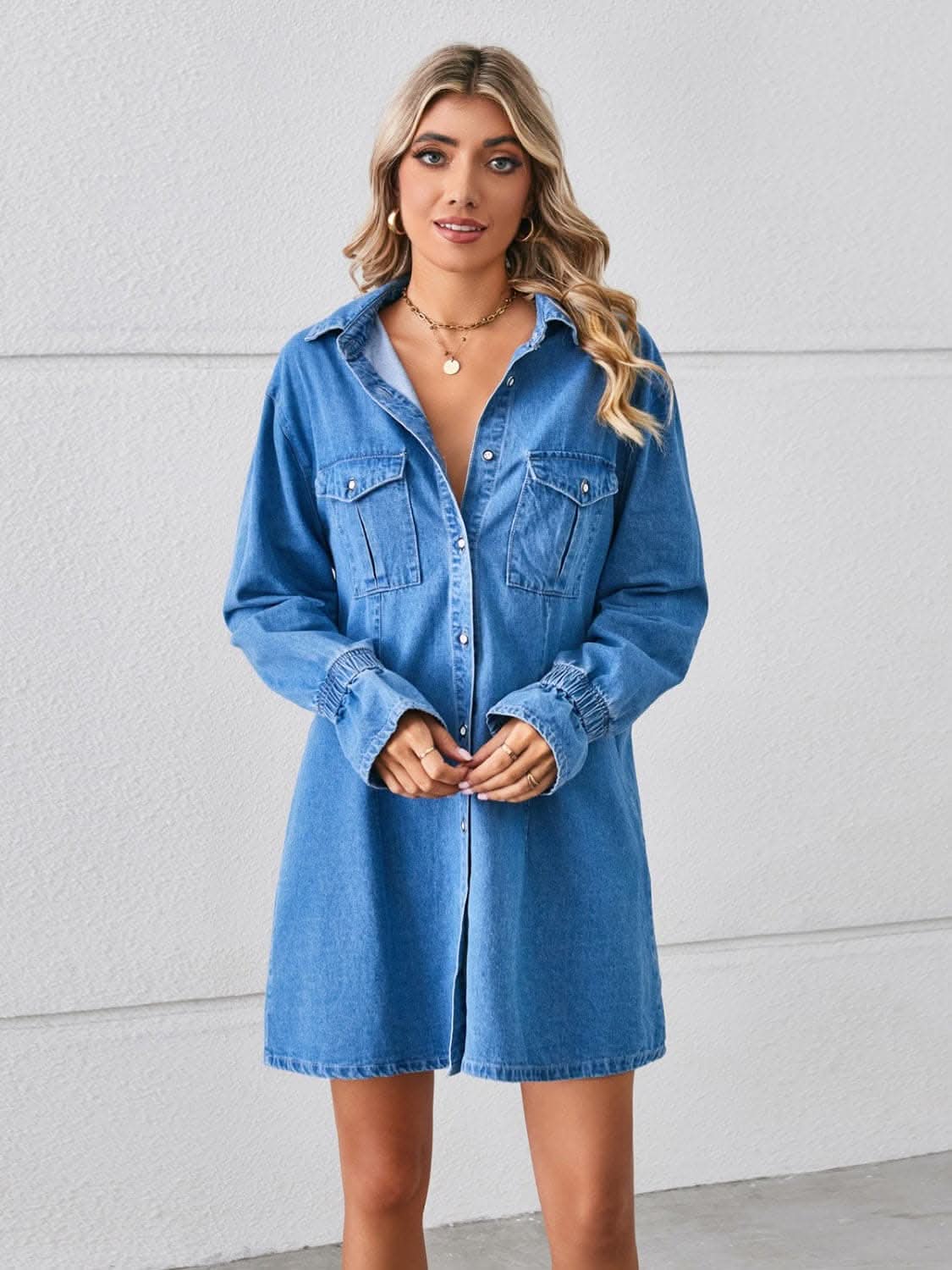 Casual denim mini dress with pockets 