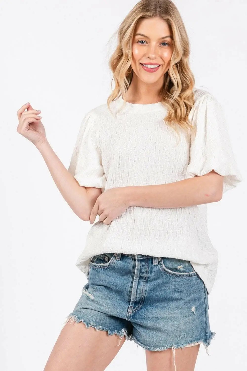 Ces Femme Textured Puff Sleeve Top - Love Salve 