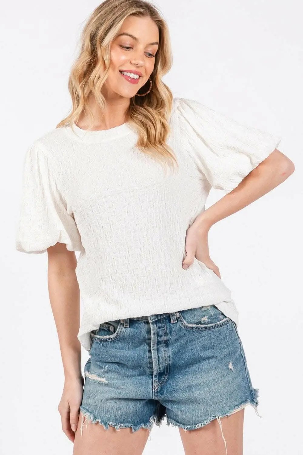 Ces Femme Textured Puff Sleeve Top - Love Salve 