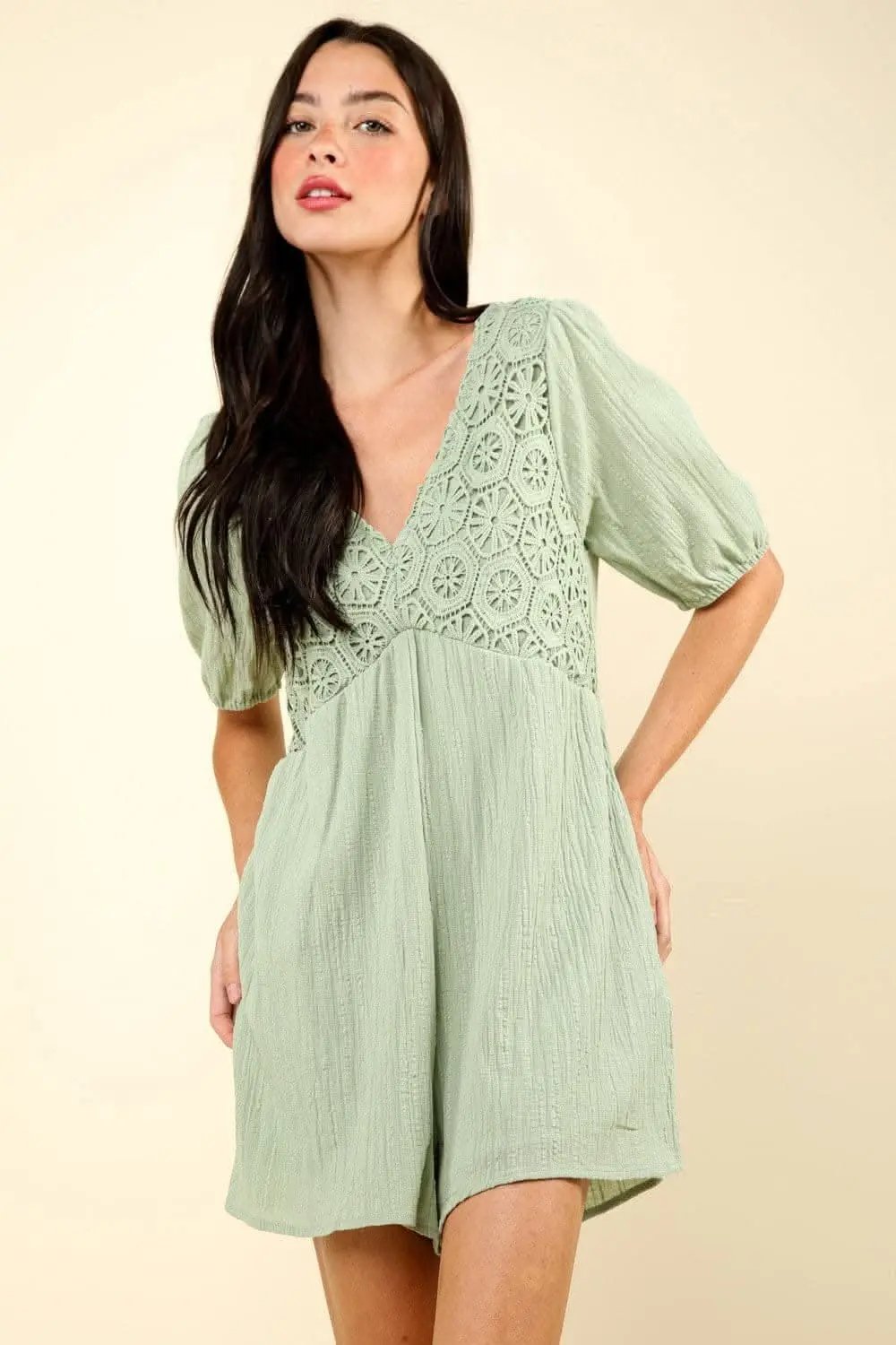 Charming lace puff sleeve romper with pockets - Love Salve 