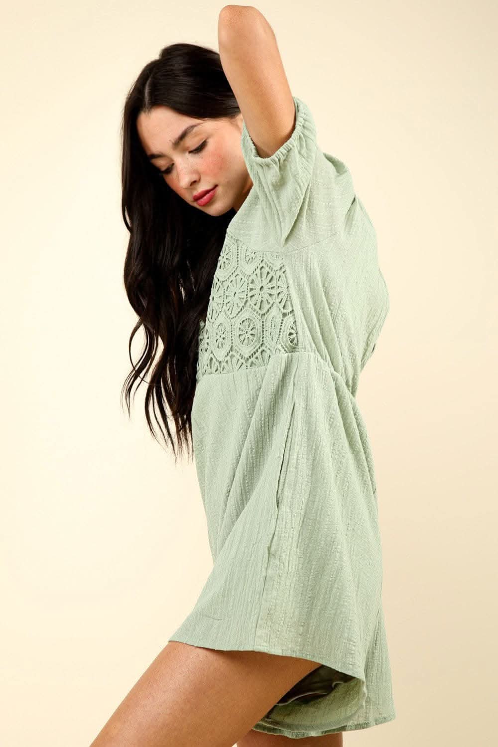 Charming lace puff sleeve romper with pockets - Love Salve 