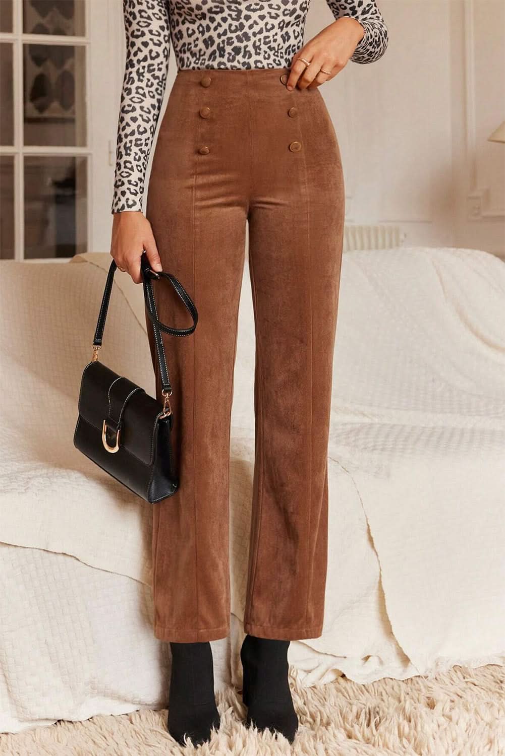 Chestnut Solid Color Double Breasted Straight Leg Pants - Love Salve 