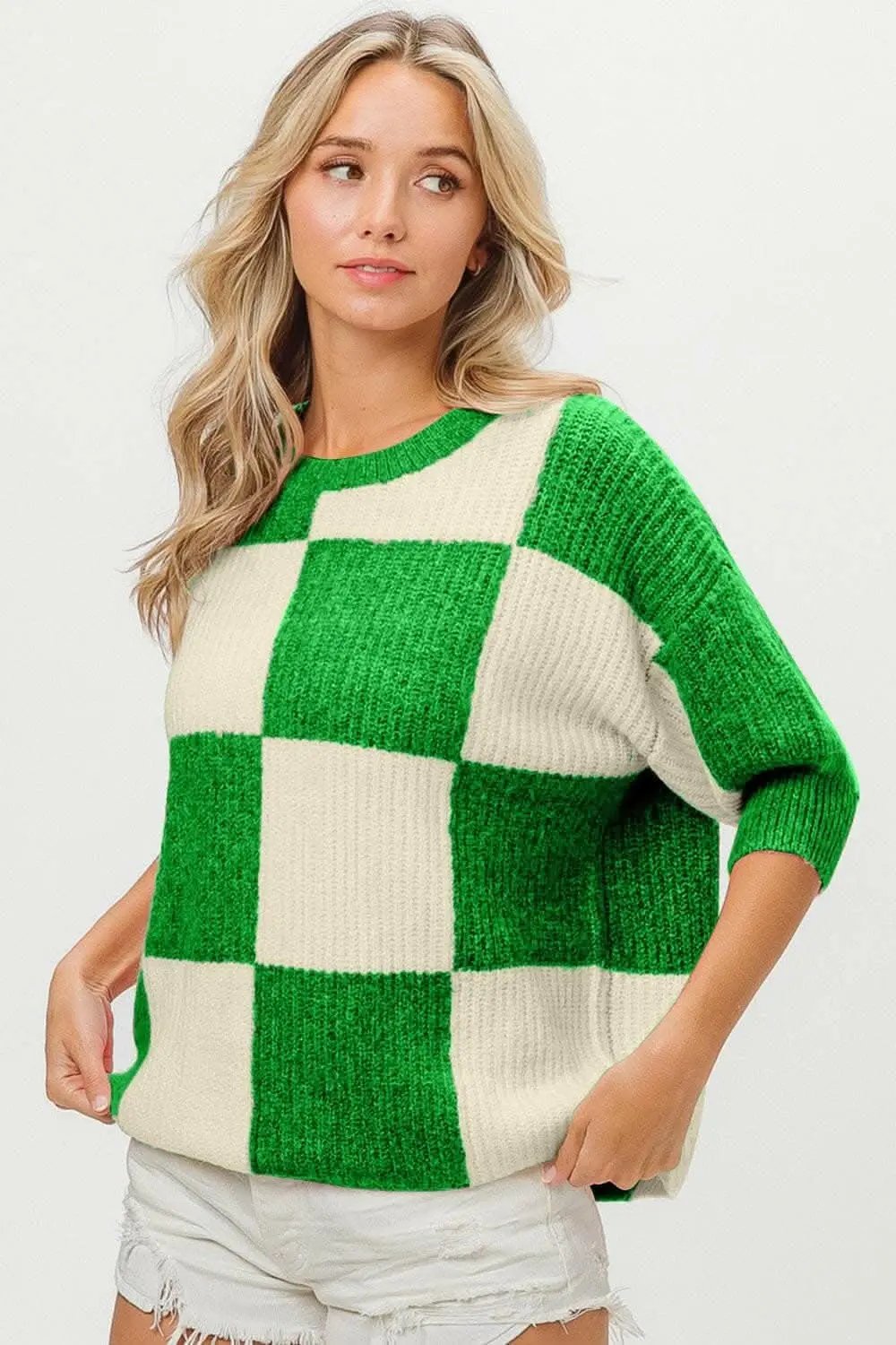 Chic Checkered Round Neck Sweater with Contrast Design - Love Salve 