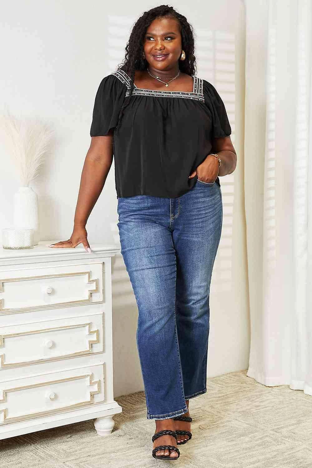 Chic Color Block Blouse - Puff Sleeves - Love Salve 