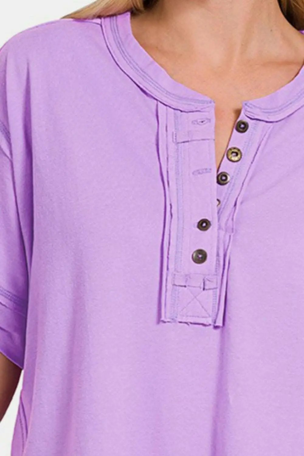 Chic Edge Exposed Seam Button-Up Tee - Love Salve 