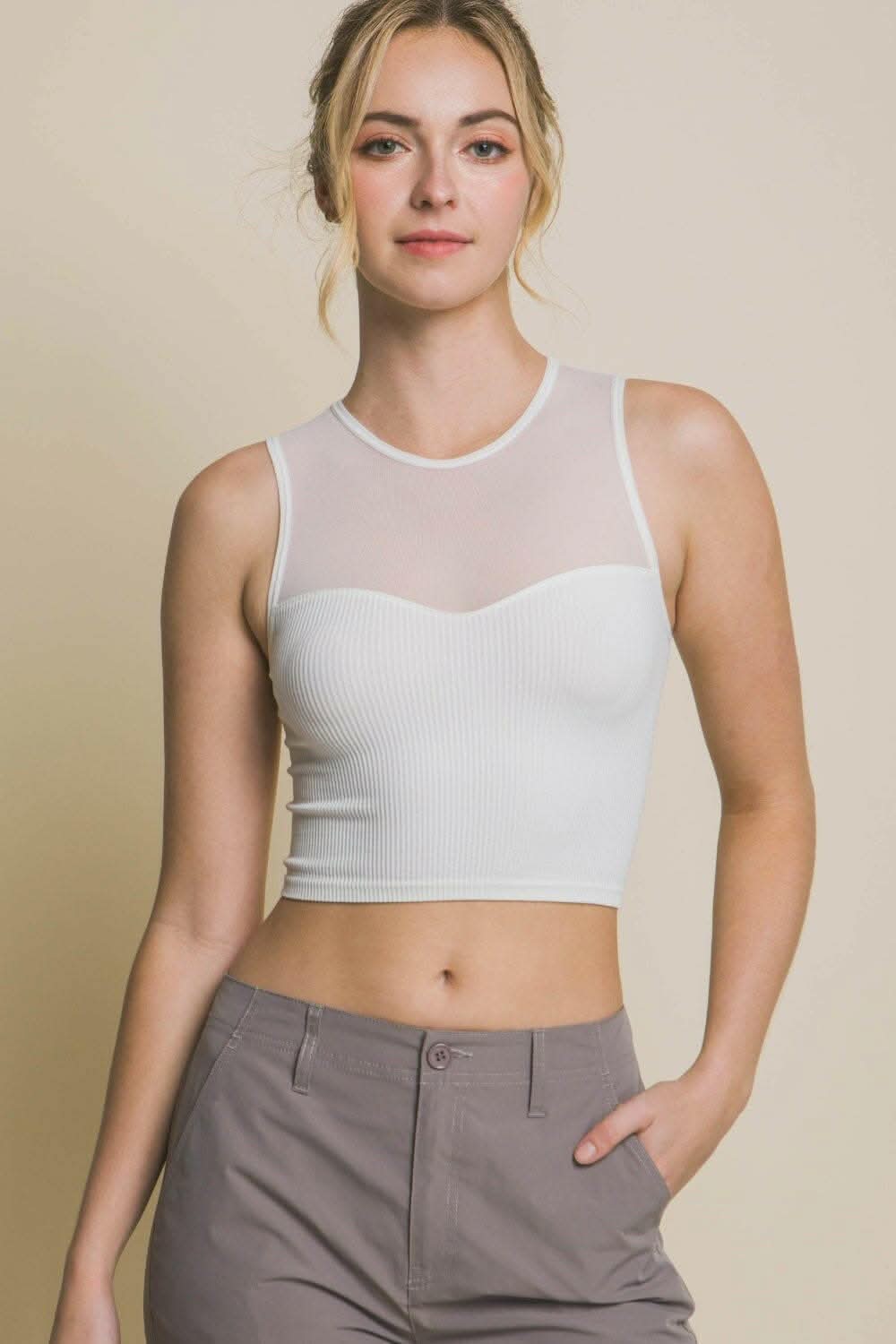 Chic Mesh Ribbed Love Tree Crop Top 