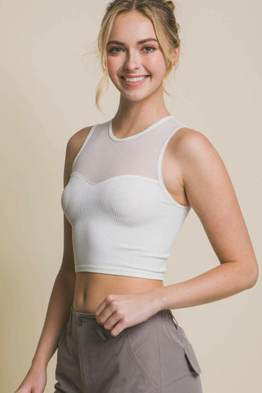 Chic Mesh Ribbed Love Tree Crop Top 
