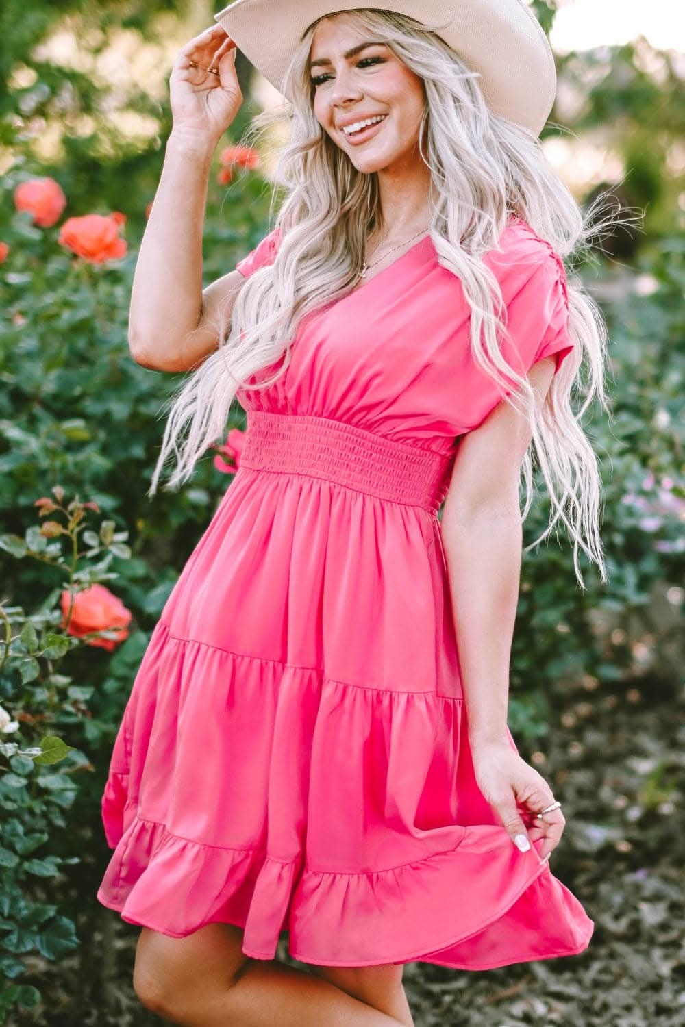 Chic Smocked V-Neck Dress for Effortless Style and Comfort 