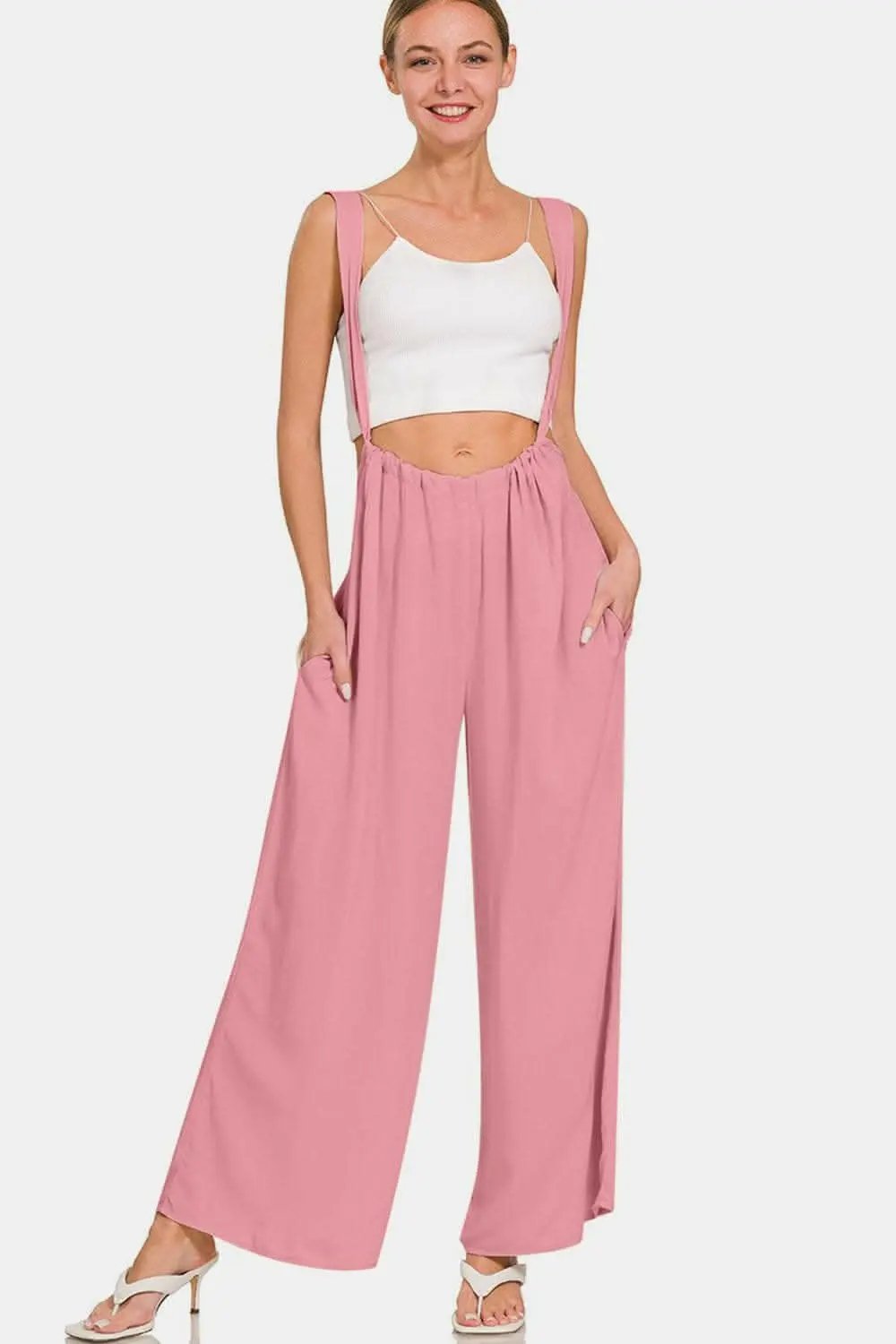 Chic Zenana wide leg overalls with pockets and ruched design - Love Salve 