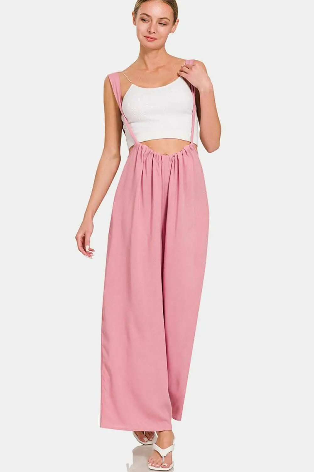Chic Zenana wide leg overalls with pockets and ruched design - Love Salve 