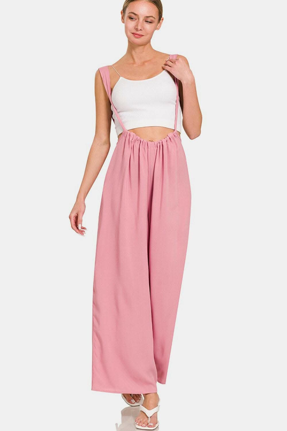 Chic Zenana wide leg overalls with pockets and ruched design 