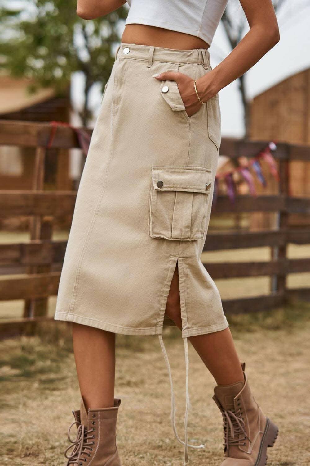 Chic adjustable denim cargo skirt 