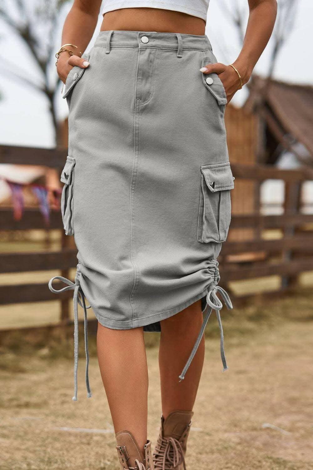 Chic adjustable denim cargo skirt 